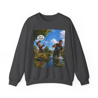"He's a Keeper" Crewneck Sweatshirt –  Dad & Kid Fishing Graphic