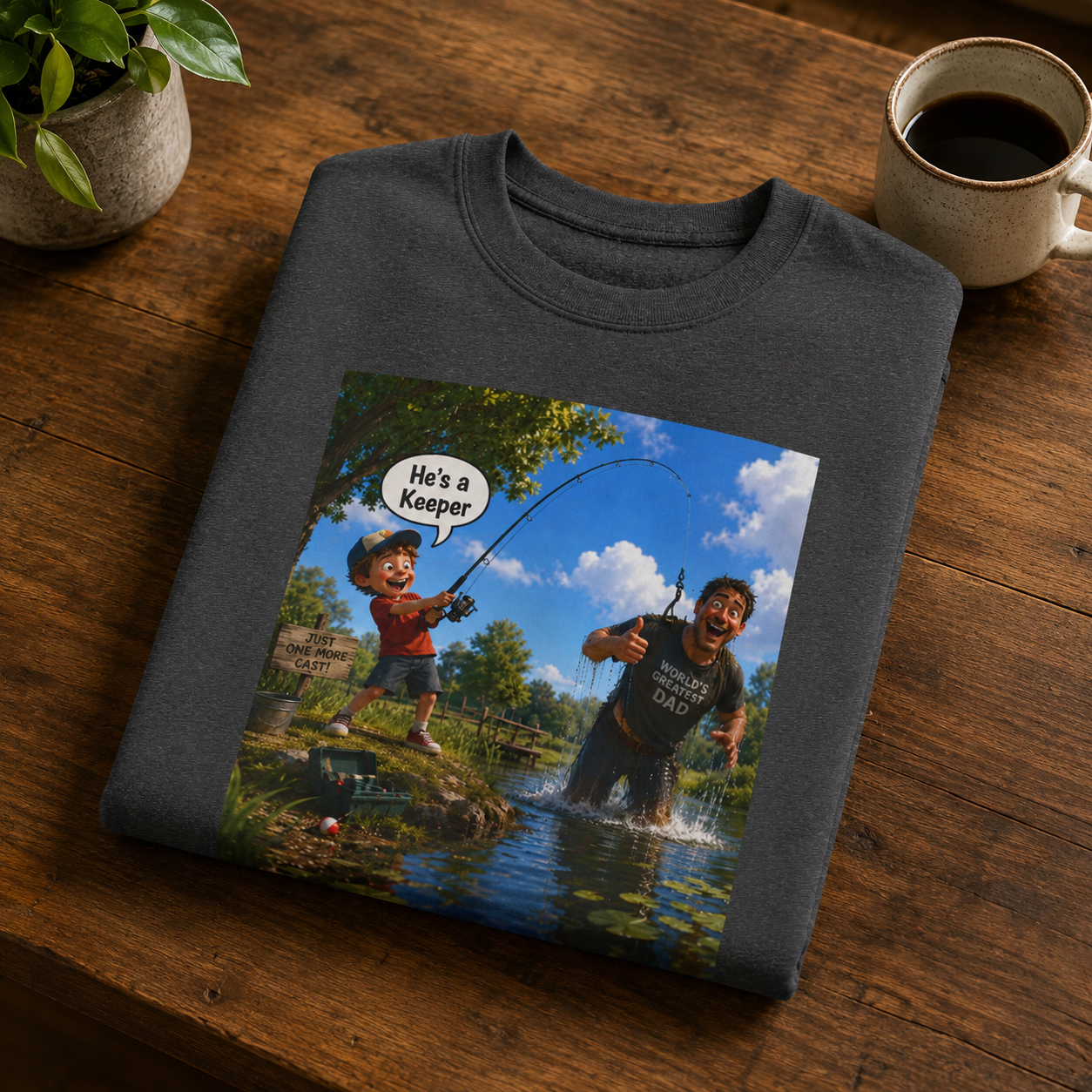 "He's a Keeper" Crewneck Sweatshirt –  Dad & Kid Fishing Graphic