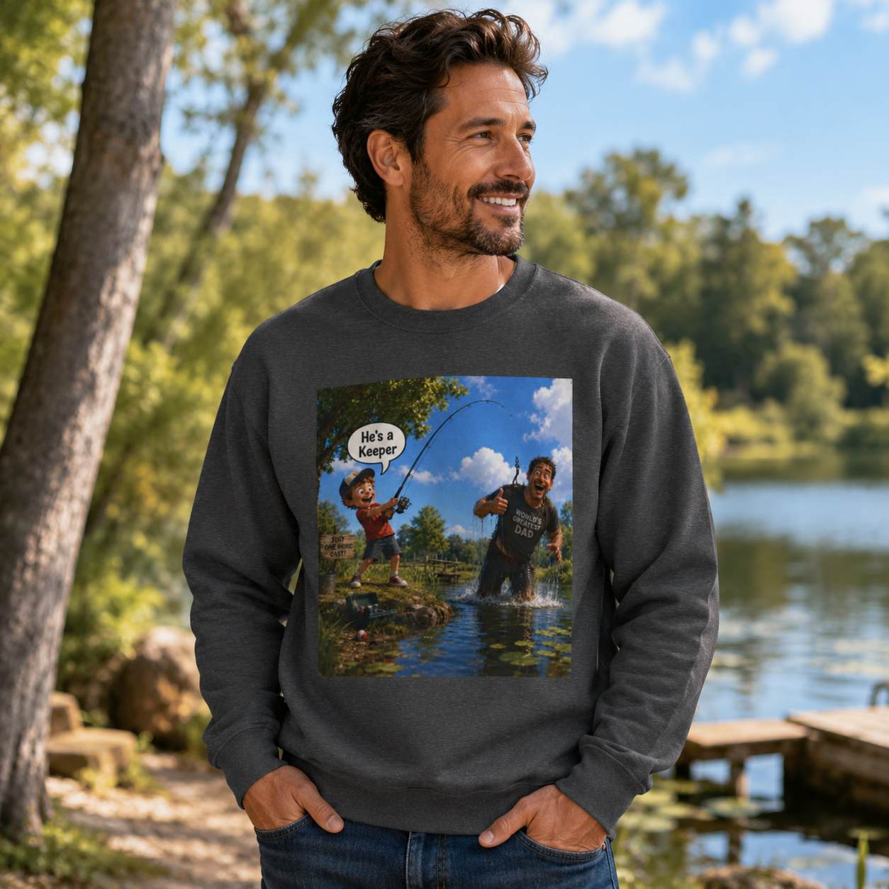 "He's a Keeper" Crewneck Sweatshirt –  Dad & Kid Fishing Graphic